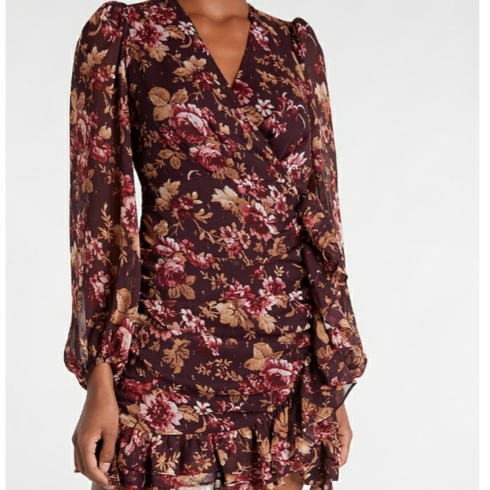 Express floral print faux wrap ruffle mini dress